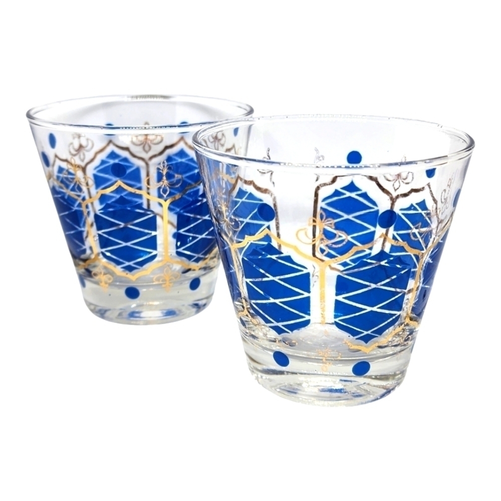 Vintage MCM Barware Double Old Fashioned  Glass Set Gold Guilded Blue Rocks Bar